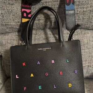 Karl Lagerfeld Black Satchel with Multicolor Letter Accents and Logo Strap